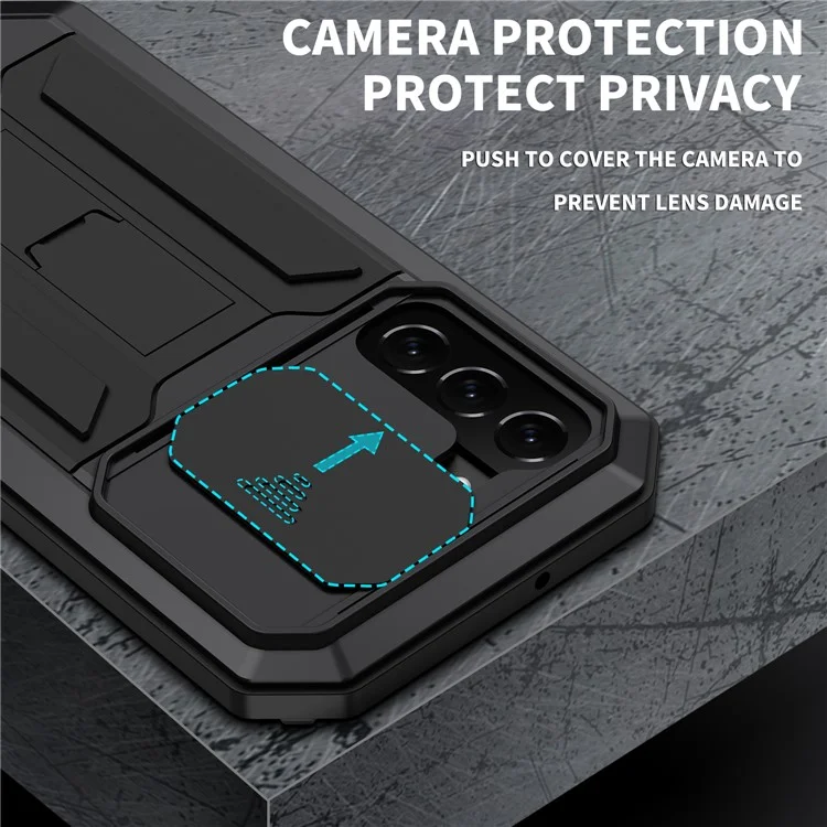 R - Just 2nd Generation Support Design Slide Camera Cover Anti - Falling Dust - Proof Metal + Silicon Gel + PC Case, Built - In Steel Glass Screen Guard, Suitable For Samsung Galaxy S22 + 5G - Negro