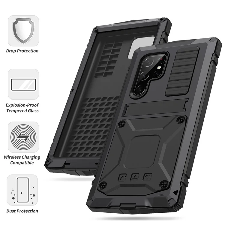 R-JUST Anti-fall Dust-proof Shockproof Metal+Silicone+PC Kickstand Case with Built-in Anti-explosion Tempered Glass Lens Protector and Screen Protector for Samsung Galaxy S22 Ultra 5G - Black