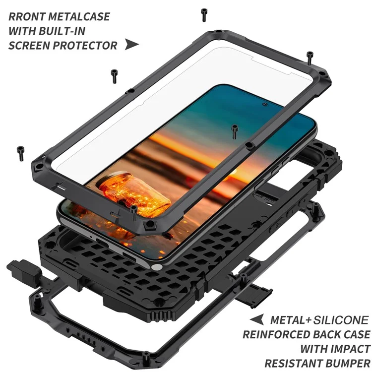 R-JUST for Samsung Galaxy S22+ 5G Waterproof Drop-Proof Case Kickstand Back Cover with Tempered Glass - Black