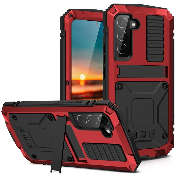 R-JUST for Samsung Galaxy S22+ 5G Waterproof Drop-Proof Case Kickstand Back Cover with Tempered Glass - Red