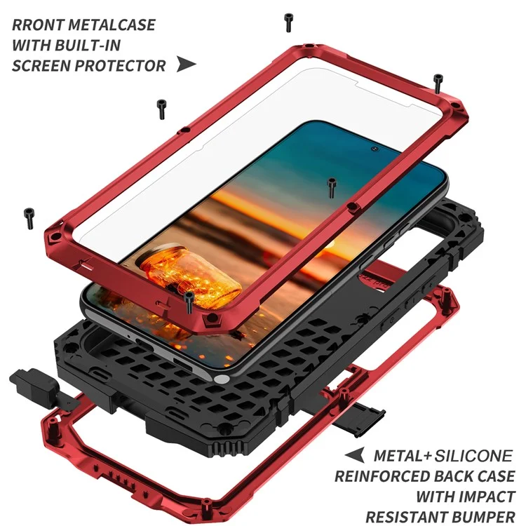 R-JUST for Samsung Galaxy S22+ 5G Waterproof Drop-Proof Case Kickstand Back Cover with Tempered Glass - Red