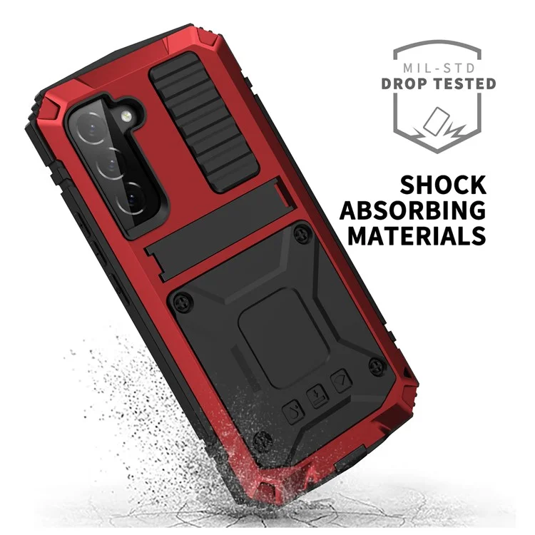 R-JUST for Samsung Galaxy S22+ 5G Waterproof Drop-Proof Case Kickstand Back Cover with Tempered Glass - Red