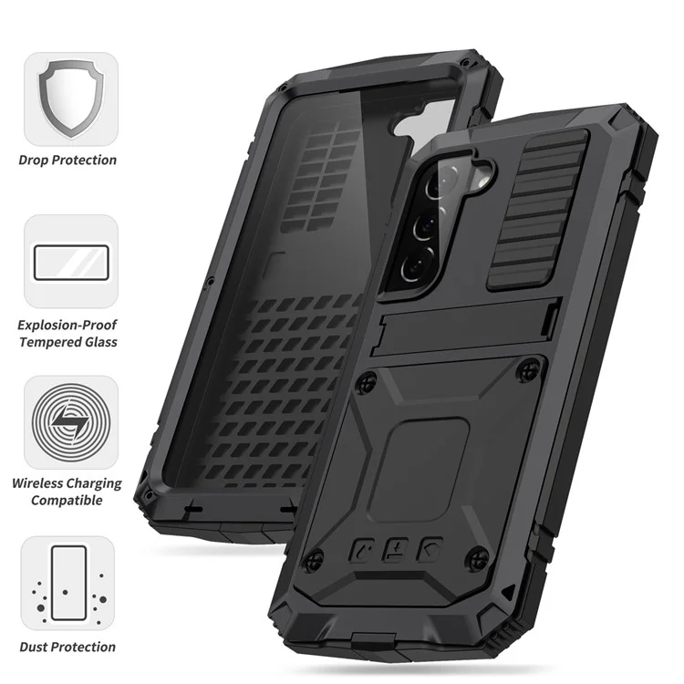 R-JUST Metal+Silicone+PC Anti-fall Dust-proof Kickstand Case with Built-in Tempered Glass Lens Protector and Screen Protector for Samsung Galaxy S22 5G - Black