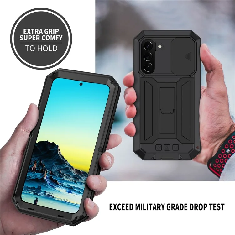 R-JUST 2nd Generation Anti-fall Dust-proof Metal+Silicone+PC Sliding Camera Cover Kickstand Design Case with Built-in Tempered Glass Screen Protector for Samsung Galaxy S22 5G - Black