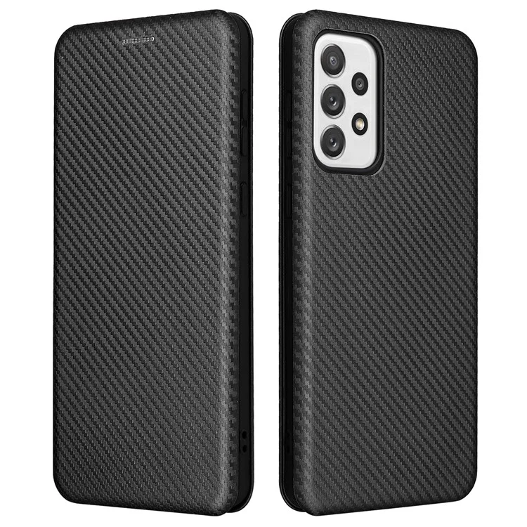 Caixa de Telefone do Suporte Para Cartão de Textura de Fibra de Carbono Tampa de Couro Dobrável PU PU Para Samsung Galaxy A73 5G - Preto