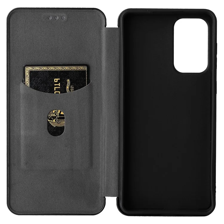 Caixa de Telefone do Suporte Para Cartão de Textura de Fibra de Carbono Tampa de Couro Dobrável PU PU Para Samsung Galaxy A73 5G - Preto