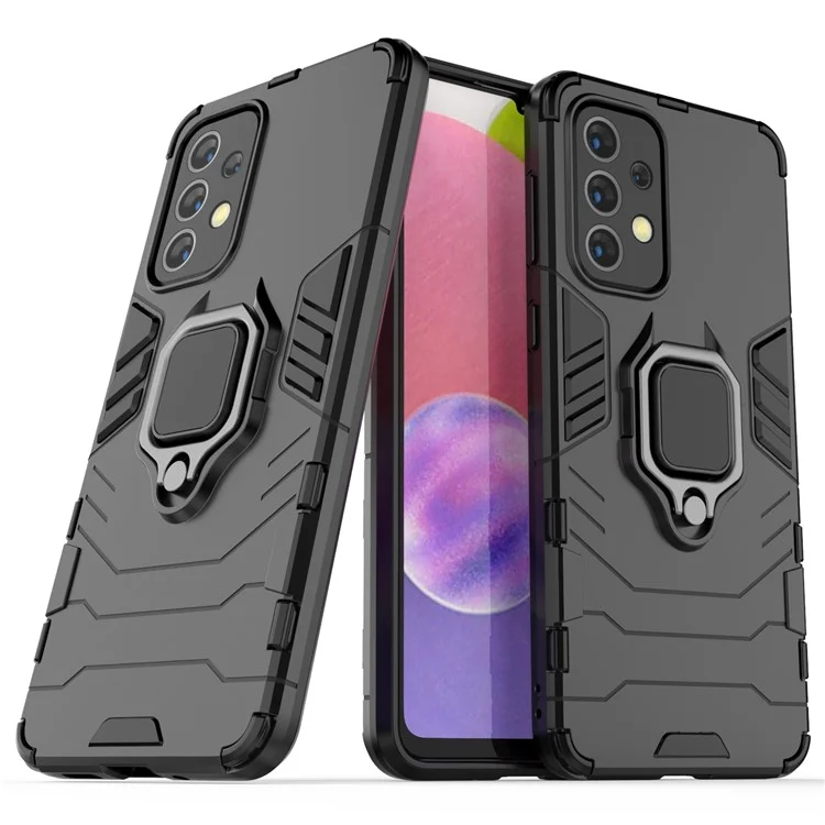 Funda protectora de teléfono móvil de PC duro con anillo de sujeción y soporte de Samsung Galaxy A33 5G - Negro