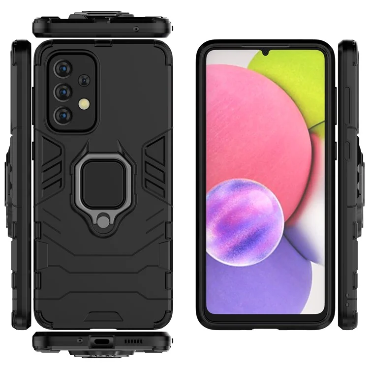 Funda protectora de teléfono móvil de PC duro con anillo de sujeción y soporte de Samsung Galaxy A33 5G - Negro