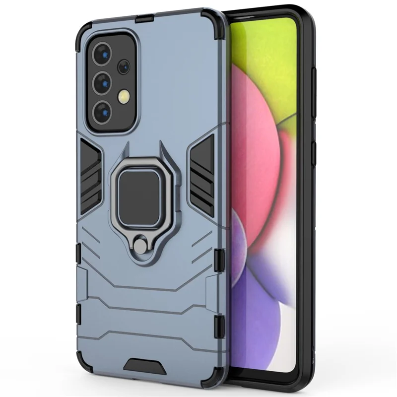 Anti-skrab blød TPU hård PC beskyttende telefonbeslag med ringholder stativ til Samsung Galaxy A33 5G - mørkeblå