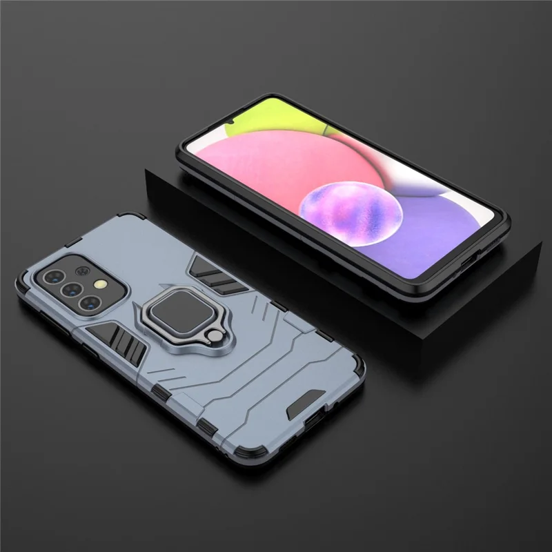 Anti-skrab blød TPU hård PC beskyttende telefonbeslag med ringholder stativ til Samsung Galaxy A33 5G - mørkeblå