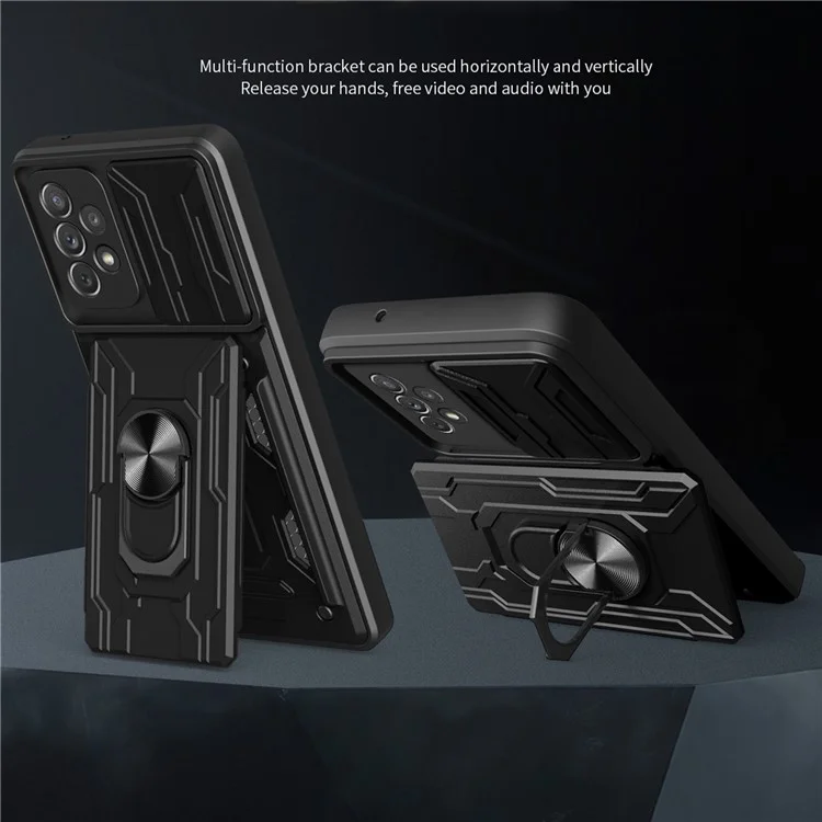 Kickstand Camera Cover Slide Anti-Scratch Protective Hard PC Soft TPU Case with Card Holder Slot for Samsung Galaxy A53 5G - Black