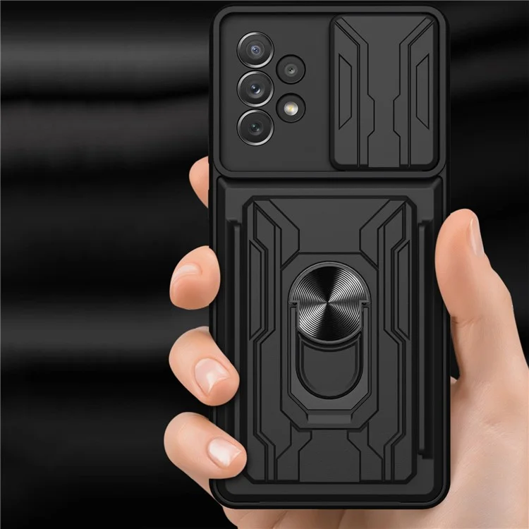 Kickstand Camera Cover Slide Anti-Scratch Protective Hard PC Soft TPU Case with Card Holder Slot for Samsung Galaxy A53 5G - Black