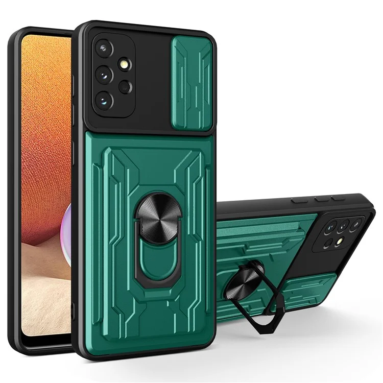Para Samsung Galaxy A32 4G (versión de la Ue) Cubierta de la Cámara de Portaobjetos PC + TPU Anti-scratch Tarfiter Ranguear Anillo de Patada Diseño Híbrido - Verde Negruzco