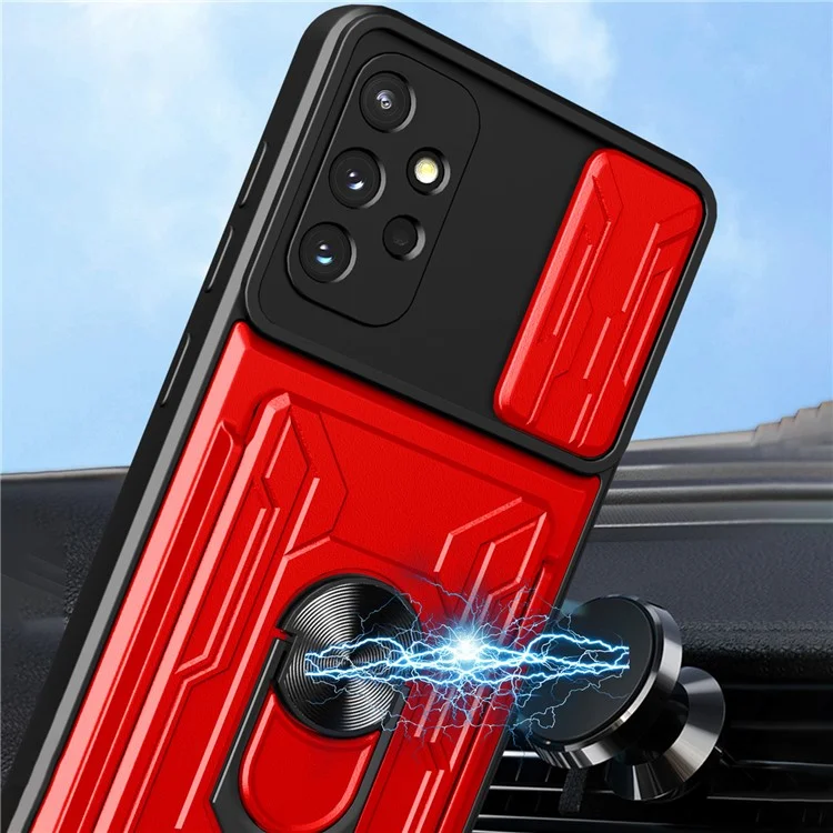 Para Samsung Galaxy A32 4G (versión de la Ue) Cubierta de la Cámara de Portaobjetos PC + TPU Anti-scratch Tarfiter Ranguear Anillo de Patada Diseño Híbrido - Verde Negruzco