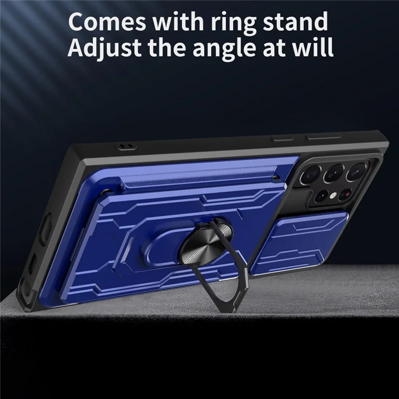 For Samsung Galaxy S22 Ultra 5G Card Holder Slot Ring Kickstand Design Slide Camera Cover PC + TPU Hybrid Case - Black