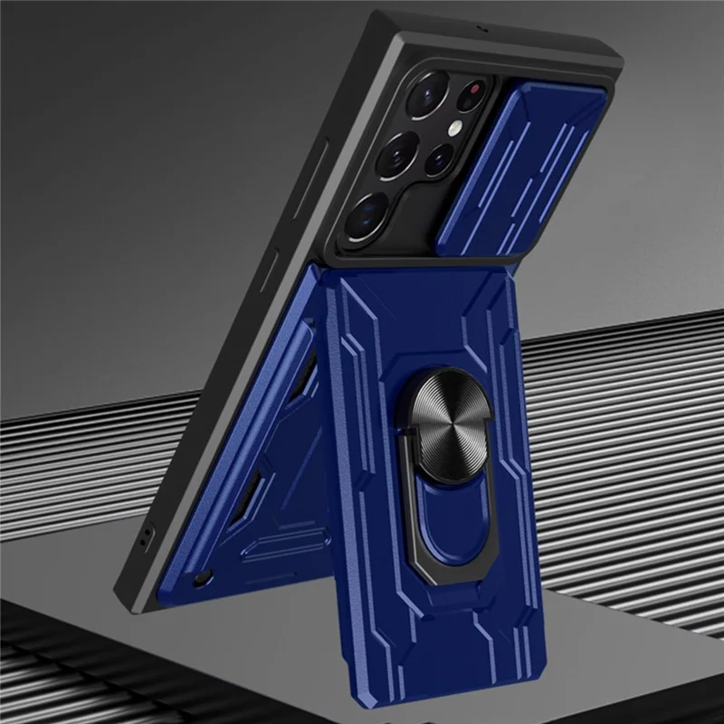 For Samsung Galaxy S22 Ultra 5G Card Holder Slot Ring Kickstand Design Slide Camera Cover PC + TPU Hybrid Case - Black