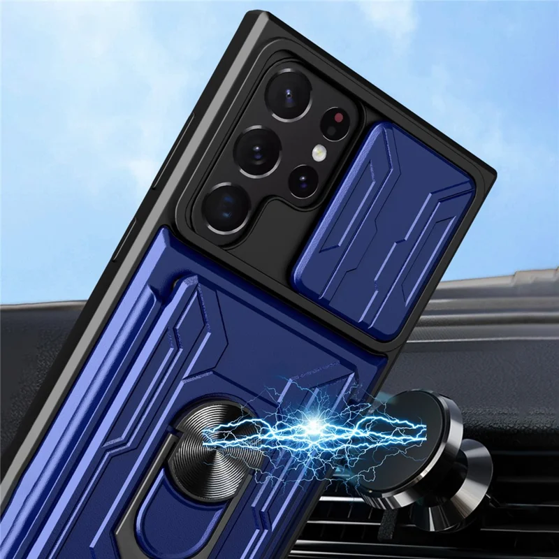 For Samsung Galaxy S22 Ultra 5G Card Holder Slot Ring Kickstand Design Slide Camera Cover PC + TPU Hybrid Case - Black