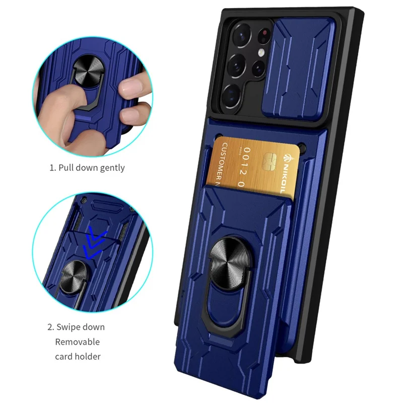 For Samsung Galaxy S22 Ultra 5G Card Holder Slot Ring Kickstand Design Slide Camera Cover PC + TPU Hybrid Case - Black