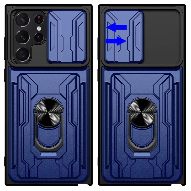 For Samsung Galaxy S22 Ultra 5G Card Holder Slot Ring Kickstand Design Slide Camera Cover PC + TPU Hybrid Case - Black