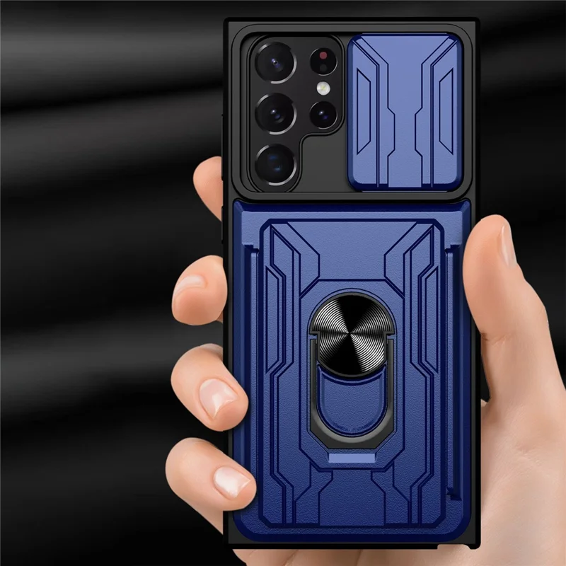 For Samsung Galaxy S22 Ultra 5G Card Holder Slot Ring Kickstand Design Slide Camera Cover PC + TPU Hybrid Case - Black