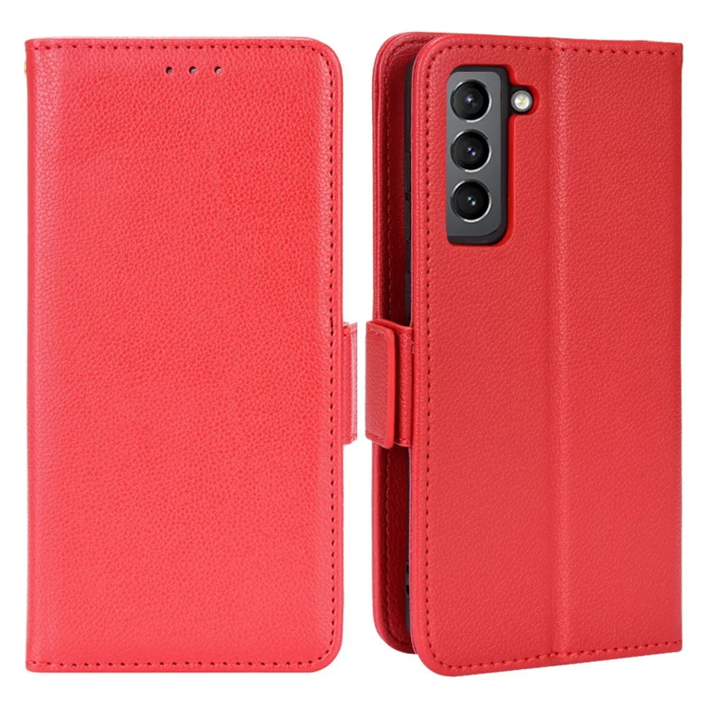 Litchi Texture Folio Flip Wallet Case Shockproof PU Leather Protective Cover Shell with Stand for Samsung Galaxy S21 FE 5G - Red