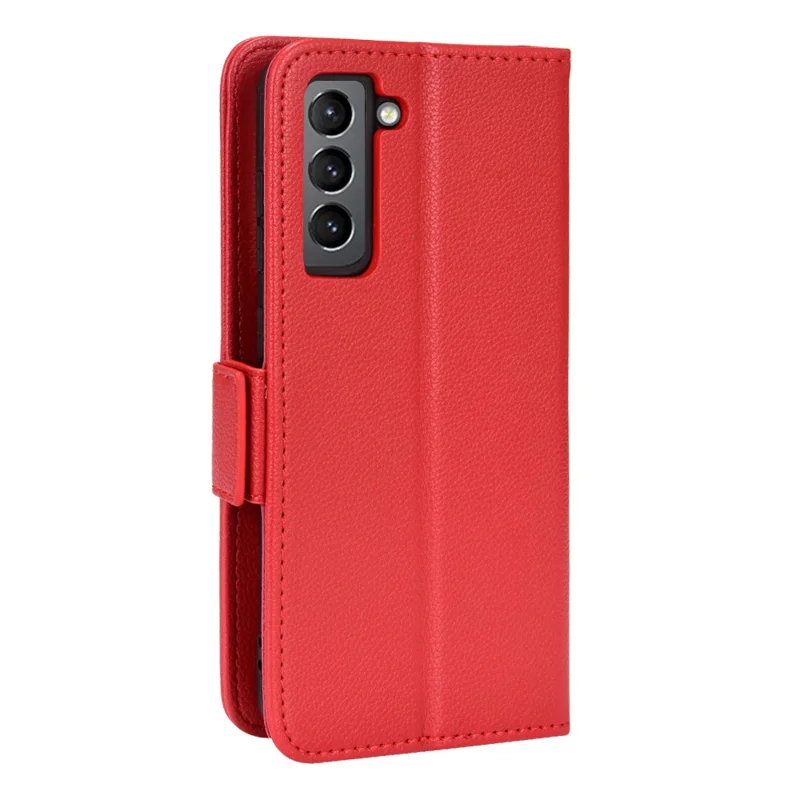 Litchi Texture Folio Flip Wallet Case Shockproof PU Leather Protective Cover Shell with Stand for Samsung Galaxy S21 FE 5G - Red