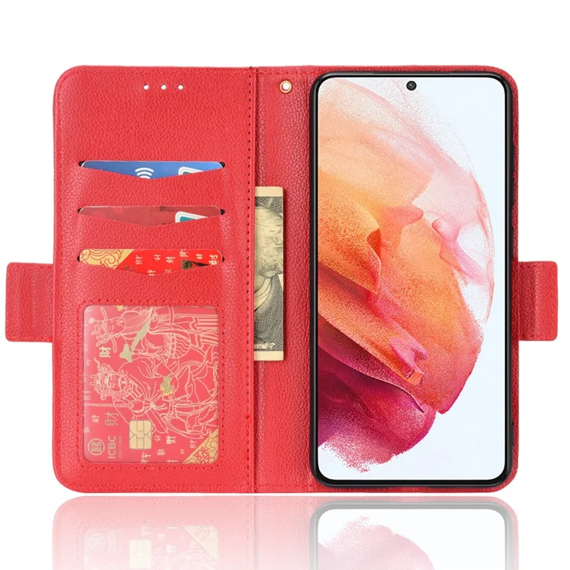Litchi Texture Folio Flip Wallet Case Shockproof PU Leather Protective Cover Shell with Stand for Samsung Galaxy S21 FE 5G - Red