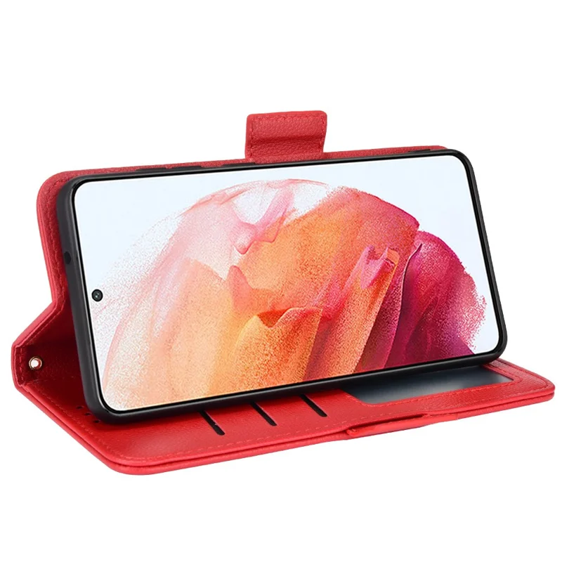 Litchi Texture Folio Flip Wallet Case Shockproof PU Leather Protective Cover Shell with Stand for Samsung Galaxy S21 FE 5G - Red