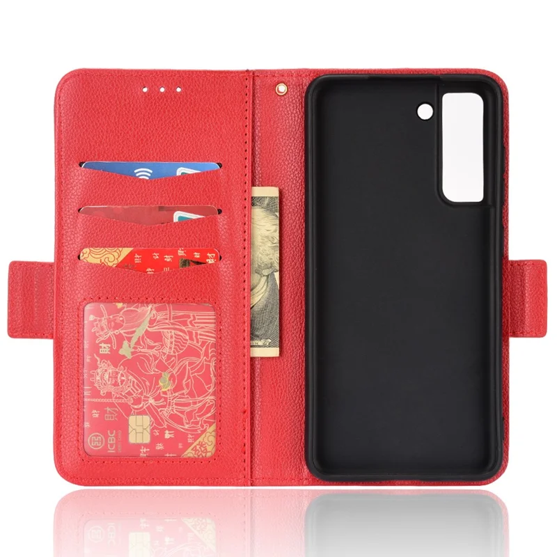 Litchi Texture Folio Flip Wallet Case Shockproof PU Leather Protective Cover Shell with Stand for Samsung Galaxy S21 FE 5G - Red