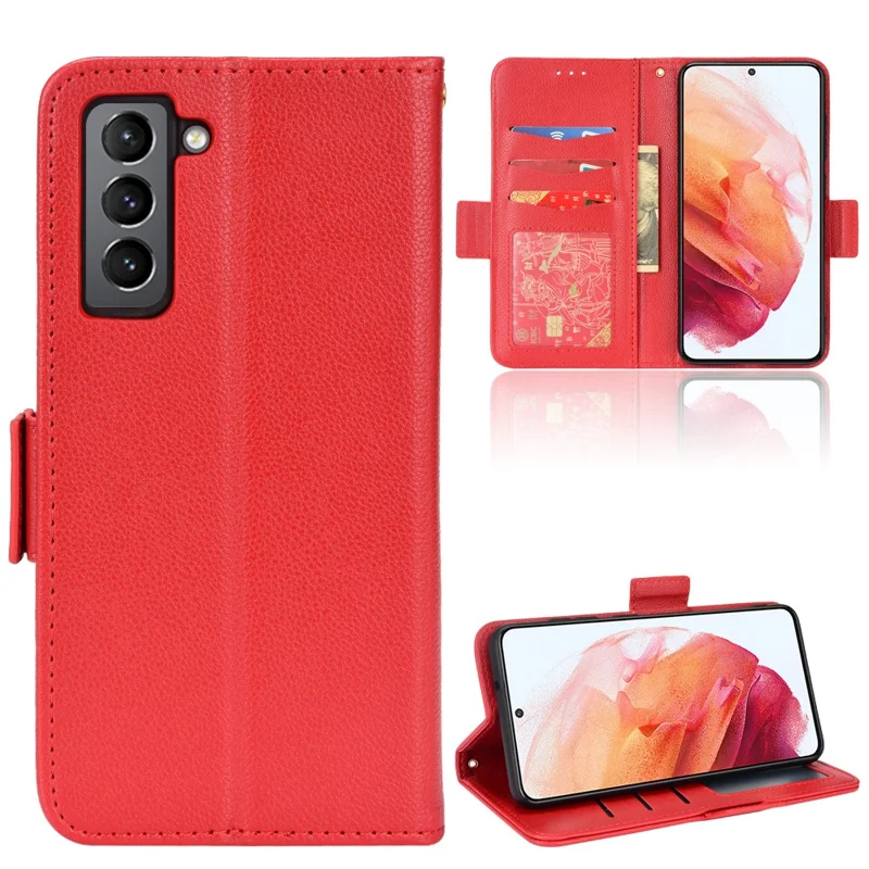 Litchi Texture Folio Flip Wallet Case Shockproof PU Leather Protective Cover Shell with Stand for Samsung Galaxy S21 FE 5G - Red