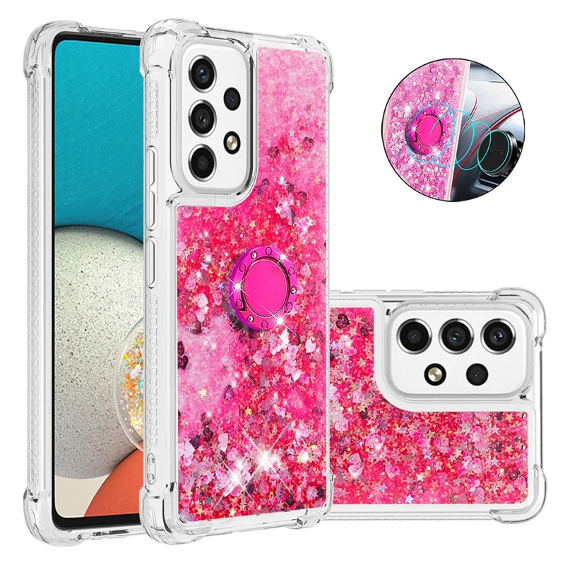 LE1-2 Series Quicksand Ring Kickstand TPU Cover Glittering Sequins Shiny Phone Protective Case for Samsung Galaxy A53 5G - Pink/Heart