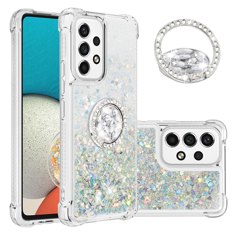 LE1-2 Serie Quicksand Ring Kickstand TPU Cover Glitterende Pailletten Glanzende Telefoon Beschermhoes voor Samsung Galaxy A53 5G - Zilver/Hart