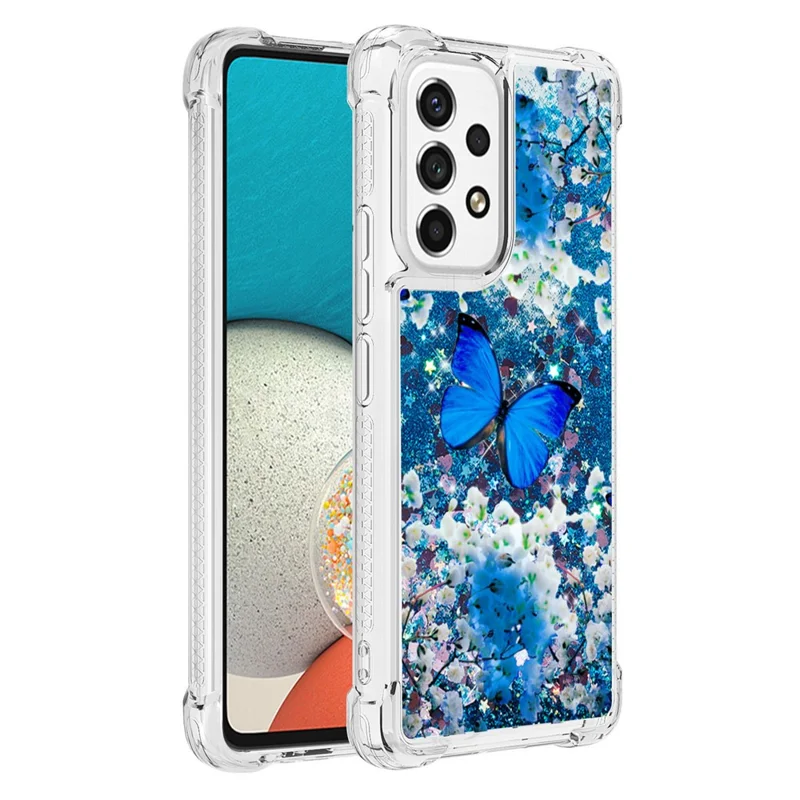 LE2 Series Quicksand Moving Glitter Shockproof Corners TPU Phone Case Pattern Printing Protective Cover for Samsung Galaxy A53 5G - Blue Butterfly