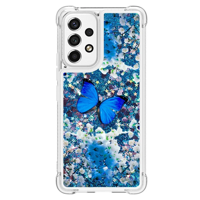 LE2 Series Quicksand Moving Glitter Shockproof Corners TPU Phone Case Pattern Printing Protective Cover for Samsung Galaxy A53 5G - Blue Butterfly