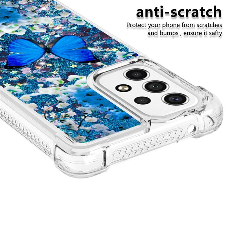 LE2 Series Quicksand Moving Glitter Shockproof Corners TPU Phone Case Pattern Printing Protective Cover for Samsung Galaxy A53 5G - Blue Butterfly