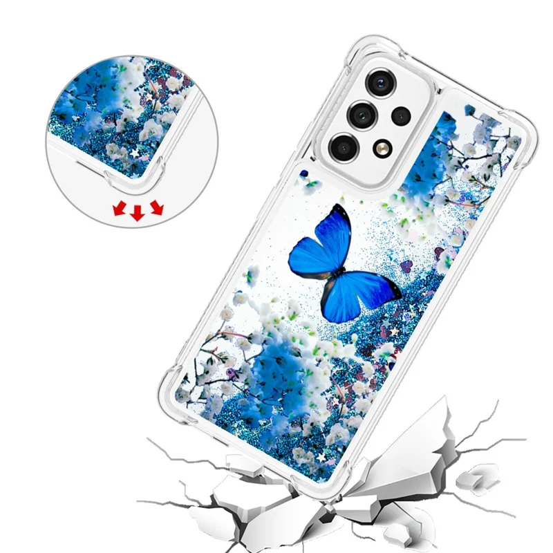 LE2 Series Quicksand Moving Glitter Shockproof Corners TPU Phone Case Pattern Printing Protective Cover for Samsung Galaxy A53 5G - Blue Butterfly