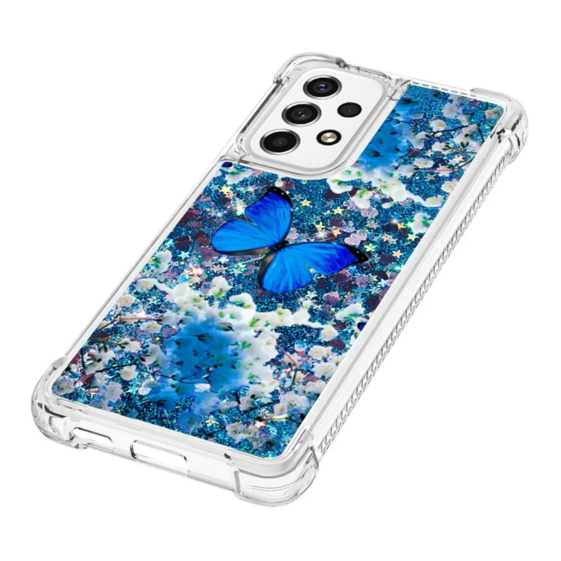 LE2 Series Quicksand Moving Glitter Shockproof Corners TPU Phone Case Pattern Printing Protective Cover for Samsung Galaxy A53 5G - Blue Butterfly