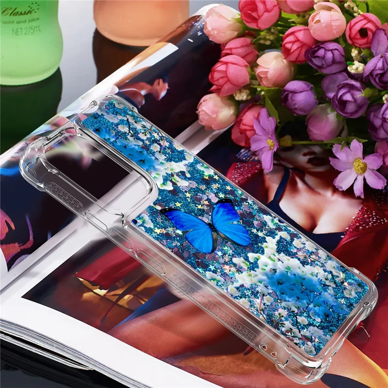LE2 Series Quicksand Moving Glitter Shockproof Corners TPU Phone Case Pattern Printing Protective Cover for Samsung Galaxy A53 5G - Blue Butterfly