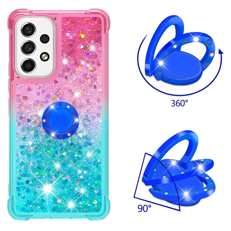 LE3-2 Series Dynamic Quicksand Kickstand TPU Cover Shell Glittering Sequins Quicksand Anti-Scratch Phone Protective Case for Samsung Galaxy A53 5G - Pink/Sky Blue