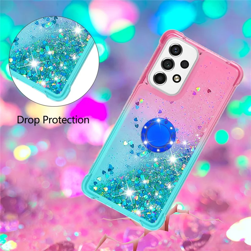 LE3-2 Series Dynamic Quicksand Kickstand TPU Cover Shell Glittering Sequins Quicksand Anti-Scratch Phone Protective Case for Samsung Galaxy A53 5G - Pink/Sky Blue