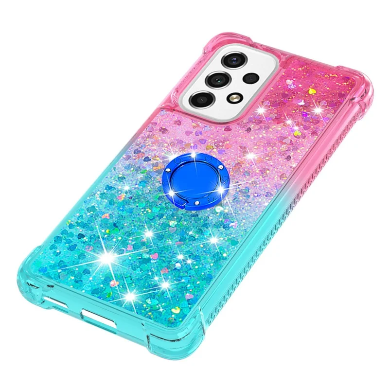 LE3-2 Series Dynamic Quicksand Kickstand TPU Cover Shell Glittering Sequins Quicksand Anti-Scratch Phone Protective Case for Samsung Galaxy A53 5G - Pink/Sky Blue