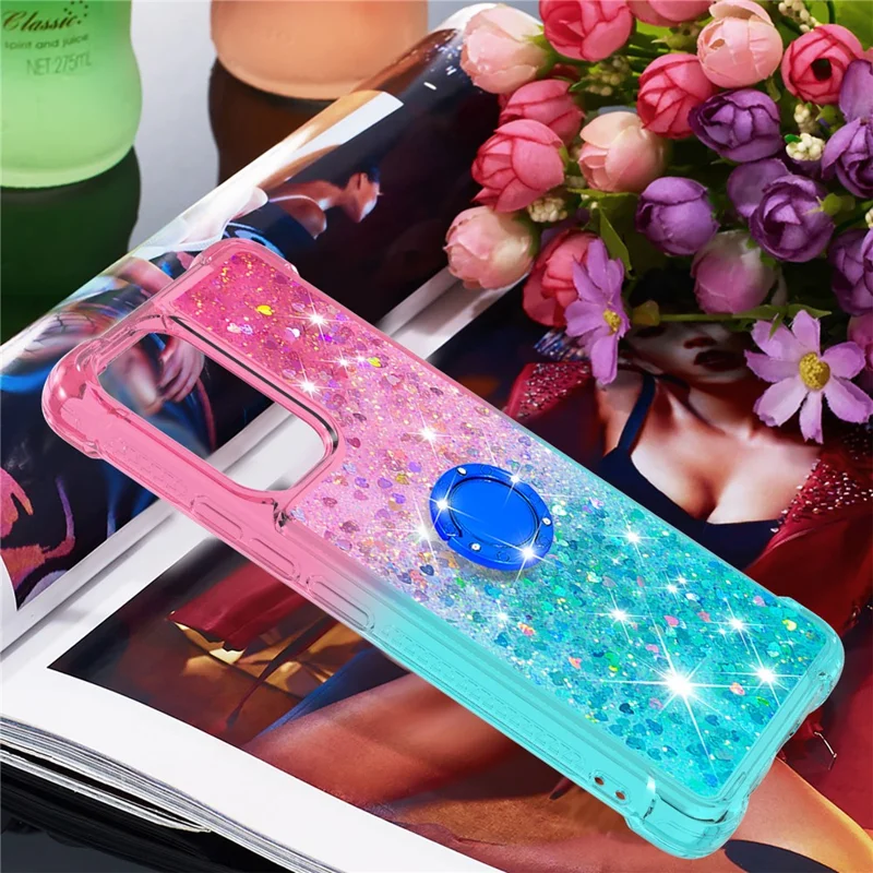 LE3-2 Series Dynamic Quicksand Kickstand TPU Cover Shell Glittering Sequins Quicksand Anti-Scratch Phone Protective Case for Samsung Galaxy A53 5G - Pink/Sky Blue