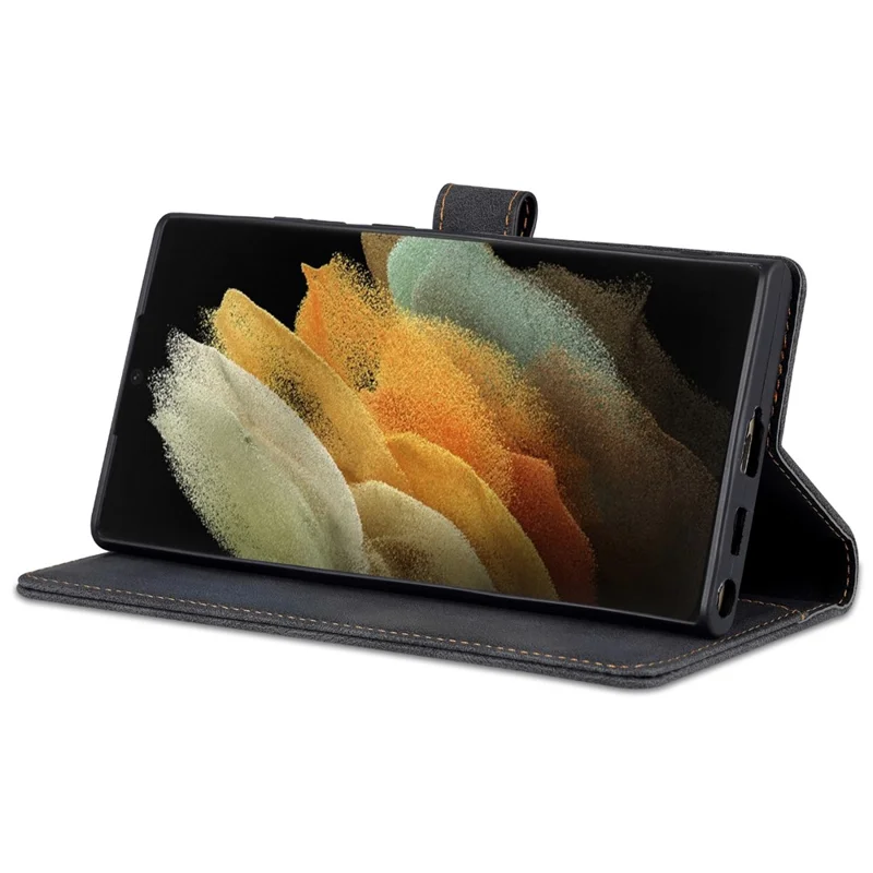 AZNS Scratch-resistant PU Leather Wallet Stand Phone Case Cover for Samsung Galaxy S22 Ultra 5G - Black