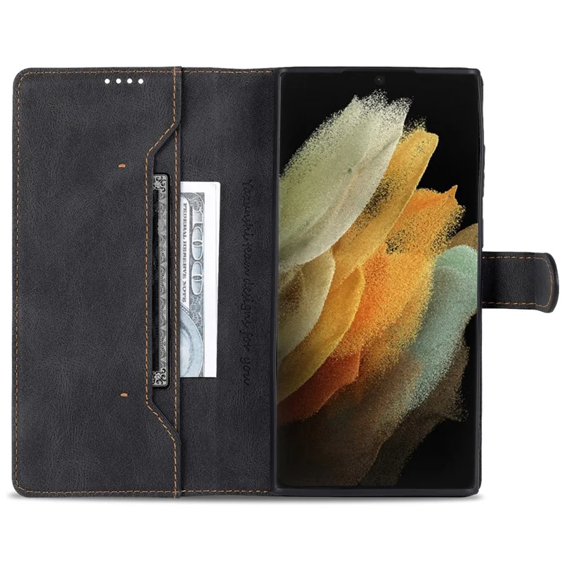AZNS Scratch-resistant PU Leather Wallet Stand Phone Case Cover for Samsung Galaxy S22 Ultra 5G - Black