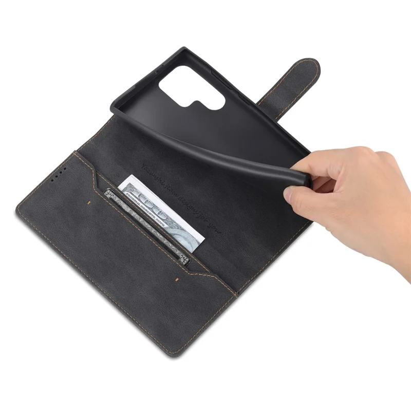 AZNS Scratch-resistant PU Leather Wallet Stand Phone Case Cover for Samsung Galaxy S22 Ultra 5G - Black
