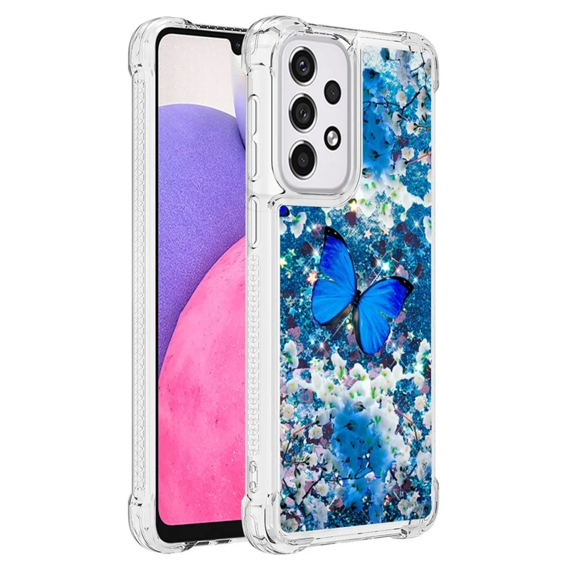 LE2 Series Moving Shiny Quicksand Glitter Soft TPU Pattern Printing Phone Case for Samsung Galaxy A33 5G - Blue Butterfly
