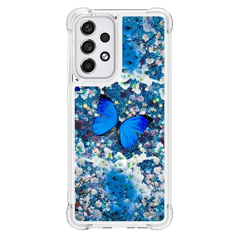 LE2 Series Moving Shiny Quicksand Glitter Soft TPU Pattern Printing Phone Case for Samsung Galaxy A33 5G - Blue Butterfly