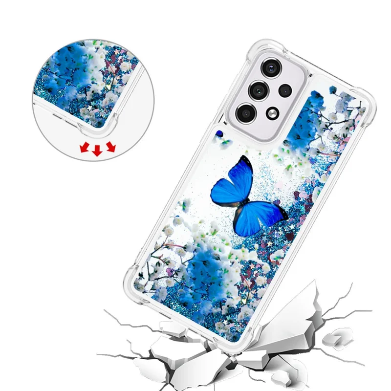 LE2 Series Moving Shiny Quicksand Glitter Soft TPU Pattern Printing Phone Case for Samsung Galaxy A33 5G - Blue Butterfly