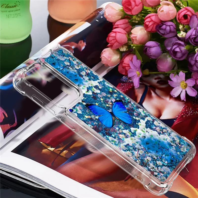 LE2 Series Moving Shiny Quicksand Glitter Soft TPU Pattern Printing Phone Case for Samsung Galaxy A33 5G - Blue Butterfly