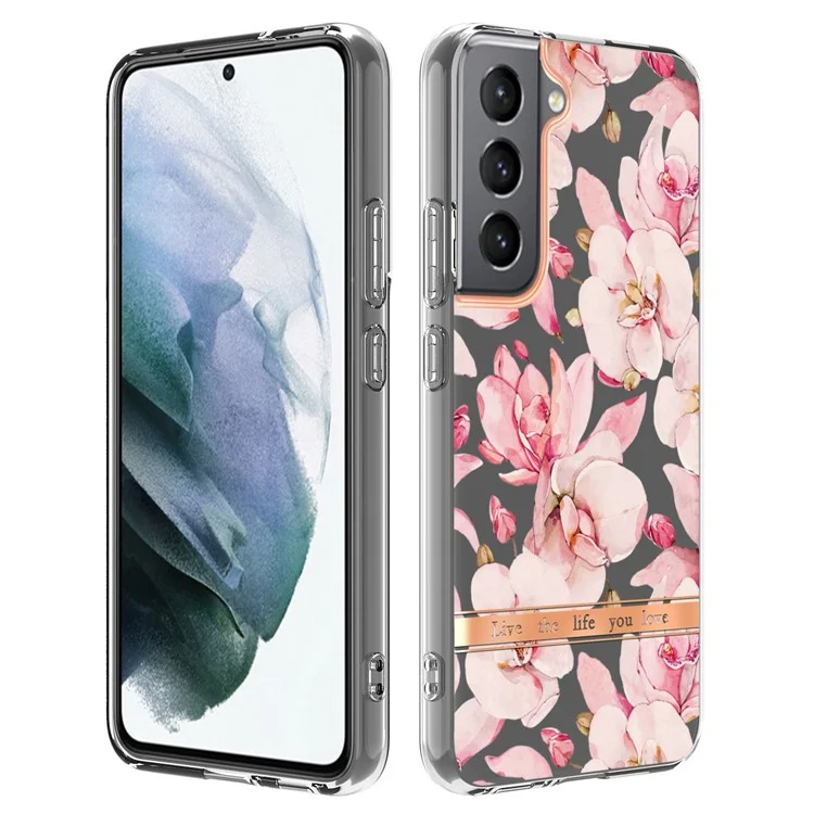 Чехол для телефона LB5 Series Electroplating IMD IML TPU с прозрачной основой и цветочными узорами для Samsung Galaxy S22 5G - HC005 Pink Gardenia